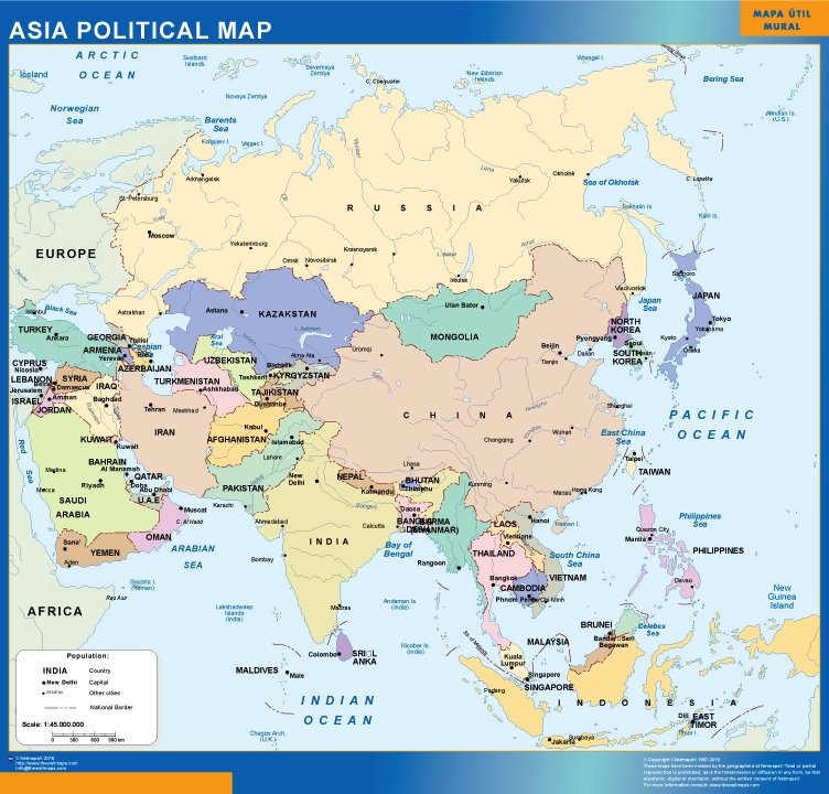 asia political magnetic map | Digital maps